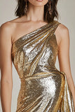 Gold One Shoulder Metallic Short Prom Dress with Slit