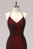 Black Red Maxi Mermaid Criss Cross Back Prom Dress with Beading