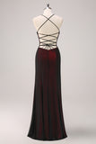 Black Red Maxi Mermaid Criss Cross Back Prom Dress with Beading