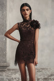 Lace Coffee High Neck Short Tight Prom Dress with 3D Flower