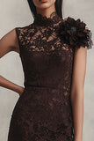 Lace Coffee High Neck Short Tight Prom Dress with 3D Flower
