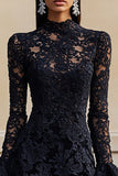 Black Lace High Neck Bodycon Short Cocktail Dress with Sleeves