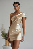 Short Champagne Satin Tight One Shoulder Prom Dress