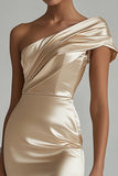 Short Champagne Satin Tight One Shoulder Prom Dress
