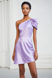 Satin Lilac Ruched One Shoulder Short Prom Dress