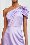 Satin Lilac Ruched One Shoulder Short Prom Dress