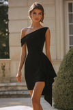 Black One Shoulder Satin Bodycon Short Cocktail Dress with Drape