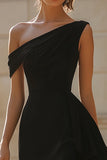 Black One Shoulder Satin Bodycon Short Cocktail Dress with Drape