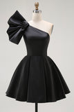 Black Satin A Line Short Prom Dress with Ruffles