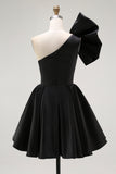 Black Satin A Line Short Prom Dress with Ruffles