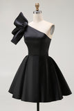 Black Satin A Line Short Prom Dress with Ruffles