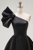 Black Satin A Line Short Prom Dress with Ruffles