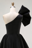 Black Satin A Line Short Prom Dress with Ruffles