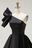 Black Satin A Line Short Prom Dress with Ruffles