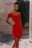 Red Tight Off the Shoulder Mini Ruched Prom Dress