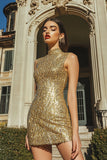 Sparkly Gold High Neck Tight Mini Sequins Prom Dress
