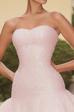 Sparkly Pink Sweetheart Sequins A Line Short Prom Dress with Ruffles