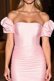 Pink Satin Tight Off the Shoulder Ruched Short Prom Dress