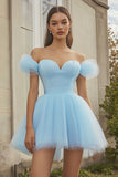 Sky Blue Off the Shoulder A Line Tulle Short Prom Dress