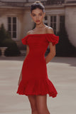 Red Off the Shoulder Tight Short Ruched Prom Dress with Ruffles