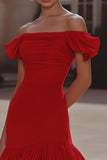 Red Off the Shoulder Tight Short Ruched Prom Dress with Ruffles