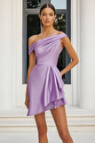 Lilac Satin Bodycon One Shoulder Short Prom Dress with Drape
