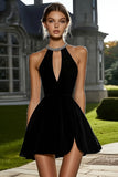 Sparkly Black A Line Satin Keyhole Mini Cocktail Dress with Beading