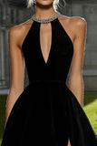 Sparkly Black A Line Satin Keyhole Mini Cocktail Dress with Beading