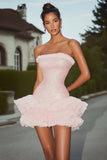 Sparkly Pink Short Strapless Sequins Prom Dress with Ruffles