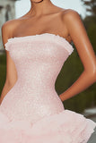 Sparkly Pink Short Strapless Sequins Prom Dress with Ruffles