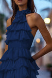 Navy High Neck A Line Tiered Short Prom Dress with Ruffles