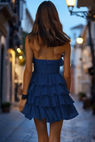 Navy High Neck A Line Tiered Short Prom Dress with Ruffles