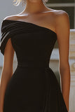 Black Satin Tight One Shoulder Short Cocktail Dress with Drape