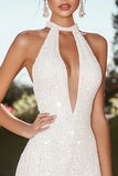 Sparkly Ivory Keyhole Sequins Sleeveless High-Low Cocktail Dress