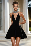 Simple Black Short Strapless A Line Satin Cocktail Dress