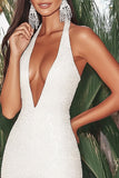 Sparkly Ivory Sequins Halter Mini Tight Cocktail Dress