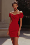 Red Tight Satin Off the Shoulder Mini Cocktail Dress