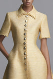 Yellow A Line Short Sleeves Tweed Outfits with Buttons