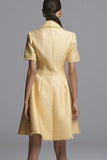 Yellow A Line Short Sleeves Tweed Outfits with Buttons