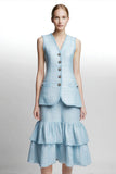 2 Piece Sky Blue Tiered Blazer Midi Tweed Outfits with Ruffles