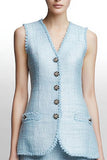 2 Piece Sky Blue Tiered Blazer Midi Tweed Outfits with Ruffles