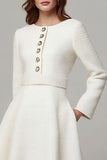 Ivory Tweed A Line Buttons Midi Date Night Outfits with Sleeves