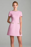 Pink Short Sleeves A Line Tweed Outfits with Pearls