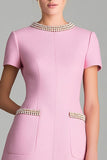 Pink Short Sleeves A Line Tweed Outfits with Pearls