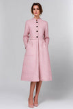 Tweed A Line Pink Plaid Midi Date Night Outfits with Long Sleeves