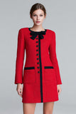 One Piece Red Pencil Buttons Short Tweed Outfits with Bow