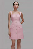 Pink Square Neck Short Tweed Outfits with Buttons