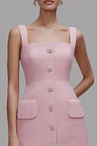 Pink Square Neck Short Tweed Outfits with Buttons