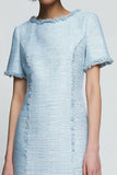 One Piece Sky Blue Pencil Short Tweed Outfits with Sleeves