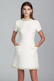 Ivory Pearls Round Neck Short Tweed Outfits with Pockets